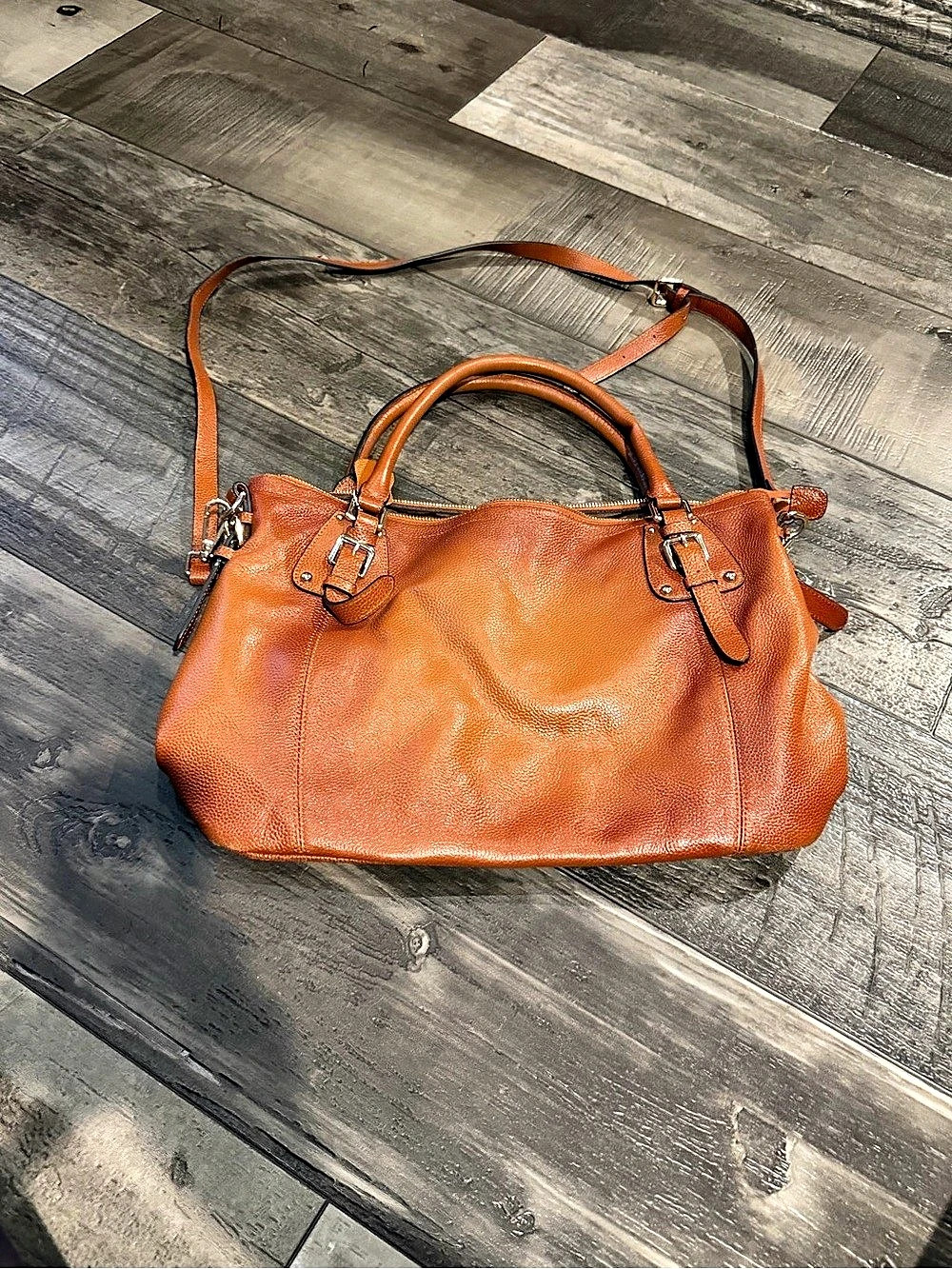 Tignanello Pebbled Leather Satchel with Buckle Accents Brown